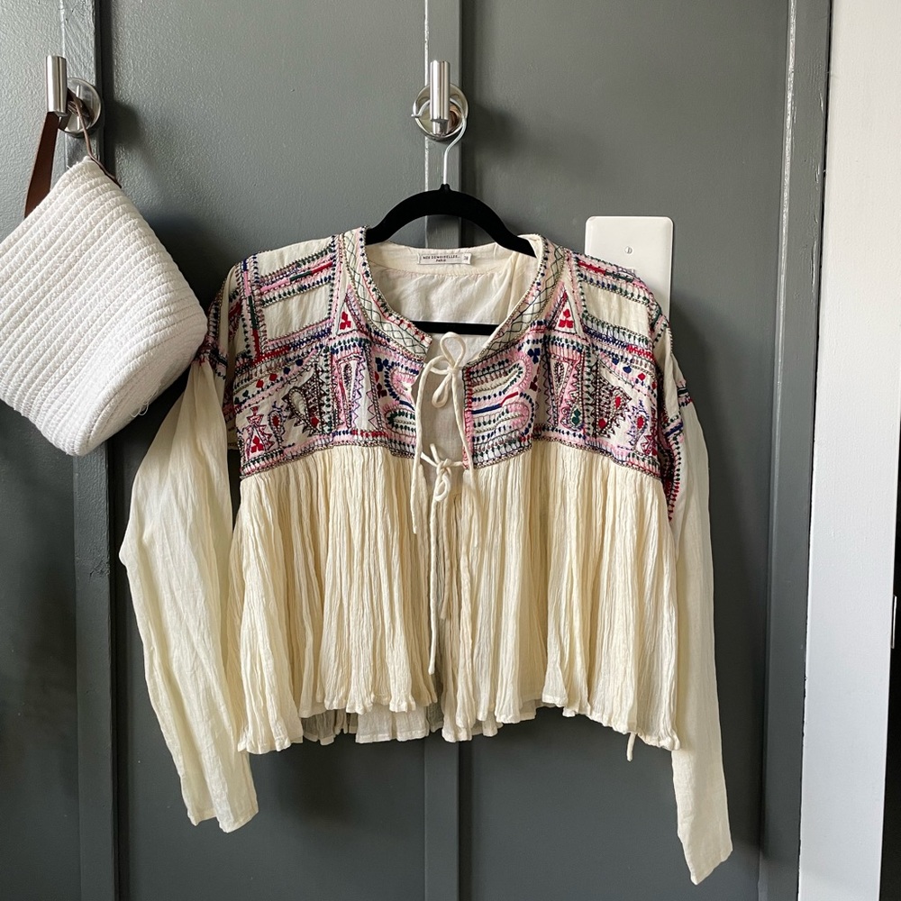 Anthropologie MES DEMOISELLES jacket floral embroidered tie front top 38 S 4 6